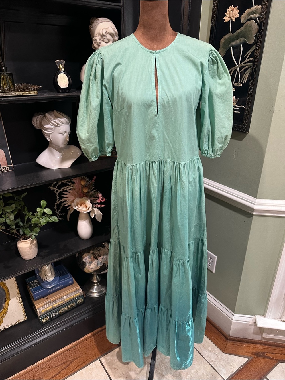 Oliphant Light Green Ombré Puff Sleeve Cotton Maxi Dress – Size S